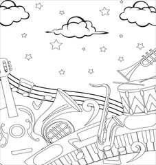 Music Instruments Coloring Page black and white set musical elements in outline.