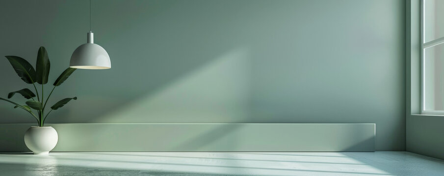 A minimalist depiction of an empty wall in soft sage green, with a matte finish and diffused lighting, creating a fresh and calming backdrop.