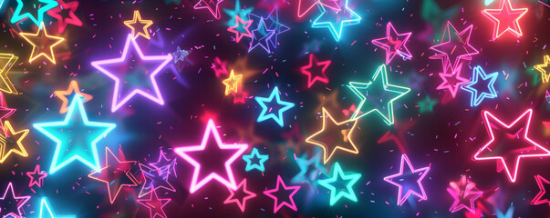A neon background with a repeating pattern of glowing stars in neon pink, blue, and yellow, creating a lively and energetic visual.