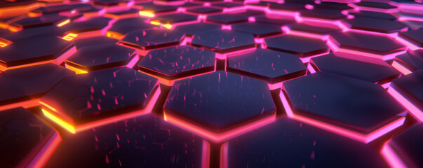 A neon background with a repeating pattern of glowing hexagons in neon pink and orange, creating a high-tech and futuristic feel.