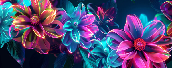 A neon background with glowing floral patterns in neon pink, blue, and green, creating a vibrant and lively atmosphere.
