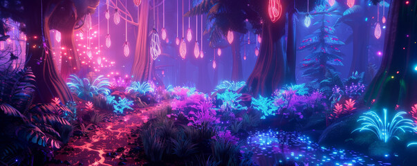 A neon-lit forest with glowing trees, plants, and pathways, creating a magical and otherworldly scene.