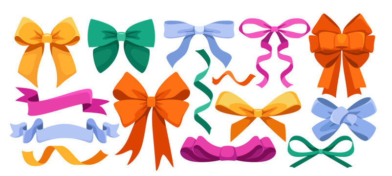 Set of cute ribbons and bows. Icons or symbols with charming decorative bowknot for gift packaging. Elegant accessories. Cartoon vector illustration collection isolated on white background