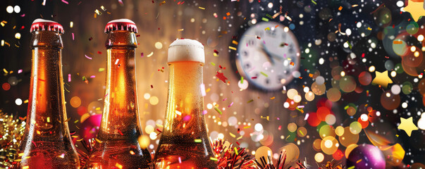 A New Year's Eve beer banner with champagne-style beer bottles, confetti, and a festive countdown clock in the background.