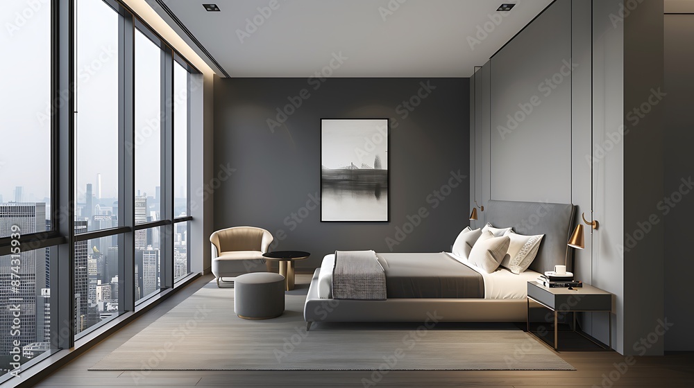 Wall mural Modern luxury bedroom with a spacious layout, featuring a statement wall, high-end furniture, floor-to-ceiling windows, and a cozy sitting area with a designer armchair and a side table. Copy space