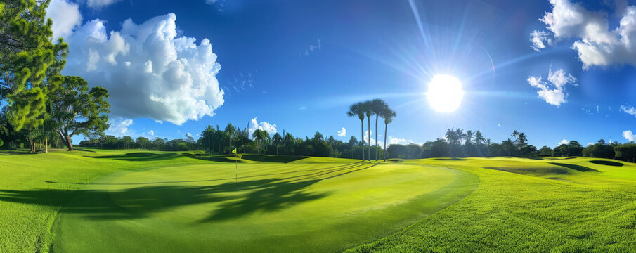 A panoramic view of a golf course under the bright sun, showcasing lush fairways, well-maintained greens, and a clear blue sky dotted with a few white clouds.
