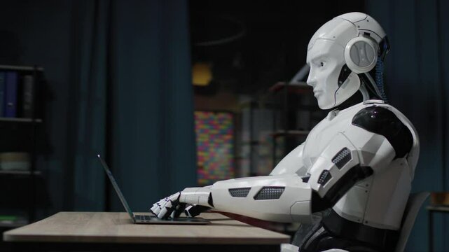Footage of white modern robot sitting at table and using laptop in living room. Android typing on keyboard. Robot humanoid working as copywriter and freelancer. AI thinking brain. Artificial