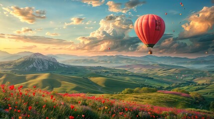 Obraz premium A red hot air balloon floating over a lush green valley with a backdrop of majestic mountains under a cloudy sky.