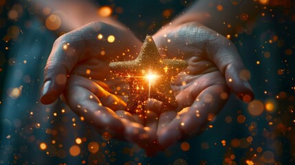 Radiating Trust: Hands Holding Glowing Star, Symbol of Shared Achievement for Invitational Design