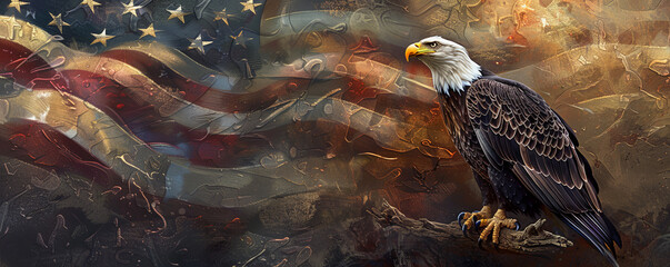 A powerful image of a bald eagle perched on a branch, with a wavy American flag creating a dramatic backdrop, emphasizing strength and patriotism.