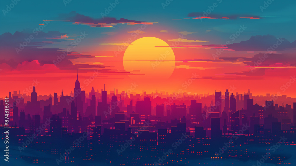 Wall mural Minimalist digital artwork of a cityscape at sunrise, featuring simple geometric shapes and a calm color palette with shades of blue and orange. The illustration emphasizes modern urban life and tranq