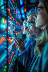 Obraz premium Futuristic technology concept. Team of artificial intelligence software engineers and finance workers in financial stock market that is digitalized with graphics into digital twin of finance Industry 