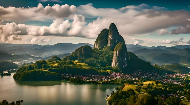 Aerial View of Piedra del Pe&ntilde;ol with Mountains, Guatape, Antioquia, Colombia