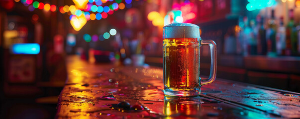 A refreshing beer mug with condensation, placed on a bar counter, with colorful lights and a lively pub atmosphere in the background.