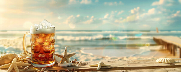 A retro summer beer banner with a frosty mug, vintage beach accessories, and a nostalgic boardwalk setting in the background.