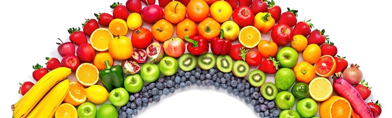 colorful fruits curved like a rainbow on a white background