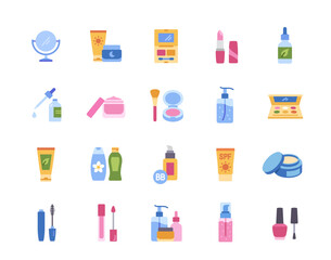 Cosmetic Products Icons Set. Colorful symbols with lipstick, mascara, moisturizer, eye shadow palette and serum. Beauty and makeup. Flat vector illustration collection isolated on white background