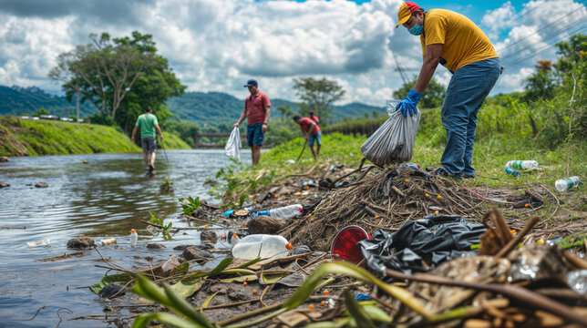 Group of Diverse Volunteers Cleaning Up Litter from a Polluted River Shore, Emphasizing Community and Environmental Responsibility