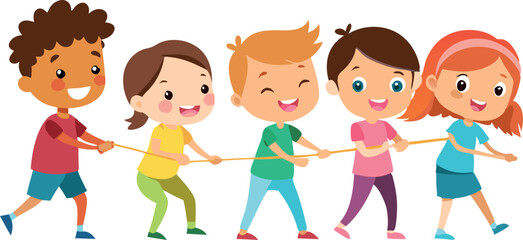 Group of happy kids playing tug of war game in outdoor activity