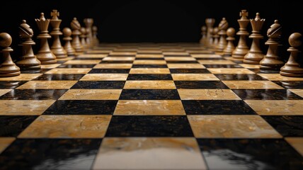 Wooden chessboard with chess pieces set up for game