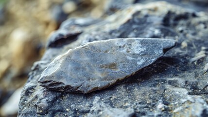 Prehistoric stone tool on rugged rock surface