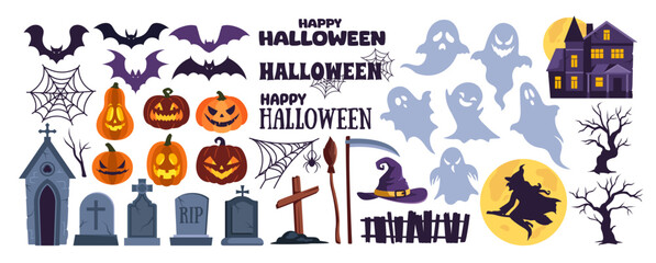 Set of Halloween icons. Stickers with creepy pumpkin, spooky ghosts, witch hat, cobweb, tombstones and bats. Elements for greeting card. Flat vector illustration collection isolated on background