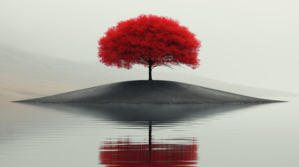 A red tree stands tall on a small island surrounded by water