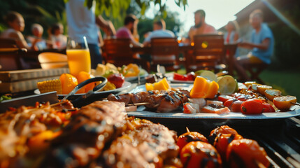 close view of table full of food at a backyard barbecue party, with blurred background of people sitting relaxing