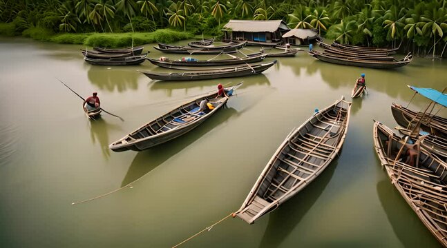 Aerial View of Traditional Fishing Boats in Bojo River, Aloguinsan