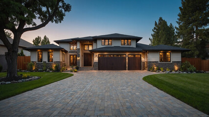 Naklejka premium Modern single-story house with lush green garden and large garage under twilight sky, perfect symmetry.