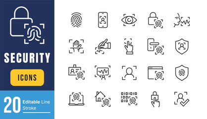 Set of Biometric Related Vector Line Icons. Contains such Icons as Voice Recognition, Fingerprint, Door Lock and more. Editable Stroke. 