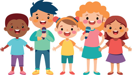 Cartoon children singing with microphones in a group setting
