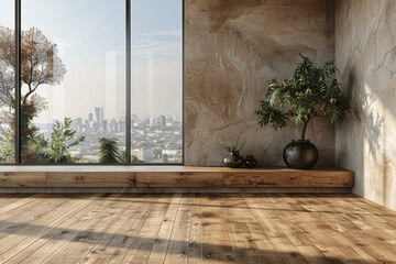 Contemporary minimalist apartment interior with parquet floors, large windows, beige walls, black vase, and city view