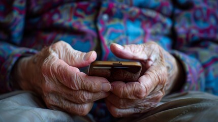 Close-up of a senior man's hands using a smartphone with enlarged text for easier reading