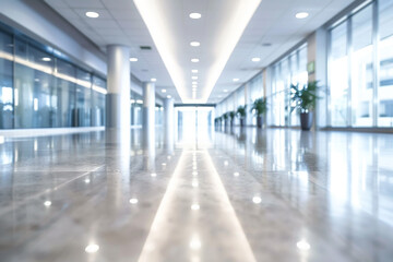 Fototapeta premium A minimalistic, bright hallway with polished floors and modern lighting. Represents cleanliness and modern architecture. Copy space available.