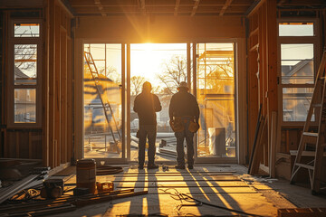 Fototapeta premium Professional Construction Workers Installing Sliding Glass Doors in New Home at Golden Hour