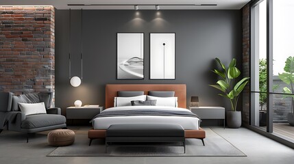 Modern luxury bedroom with an industrial design, featuring exposed brick walls, sleek furniture, and minimalist decor, creating a stylish and contemporary space. Copy space for text, sharp focus and