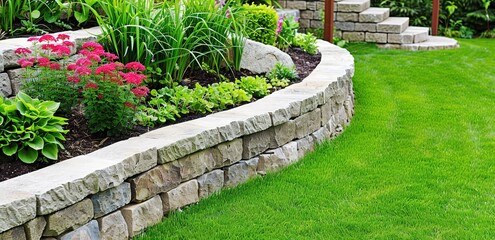 A neatly arranged garden with bricks on the edges
