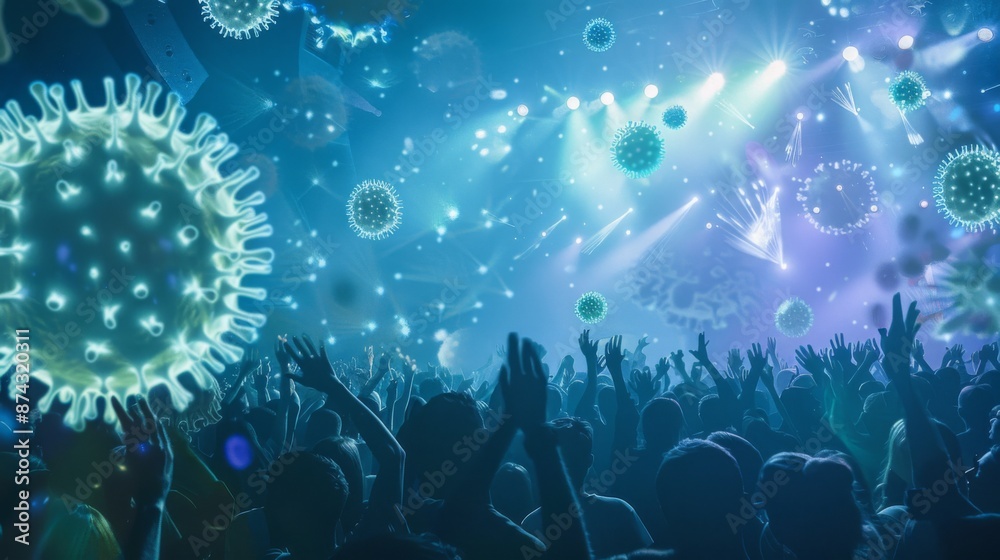 Poster A large crowd at a concert, with many virus particles floating in the air.