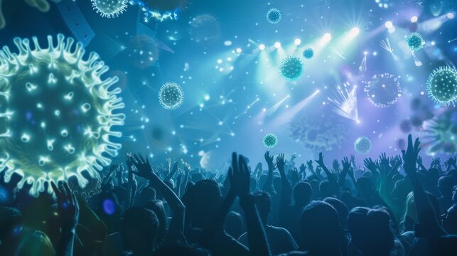 A large crowd at a concert, with many virus particles floating in the air.