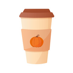 cup of coffee with pumpkin. vector illustration on theme of fall. paper cup with pumpkin