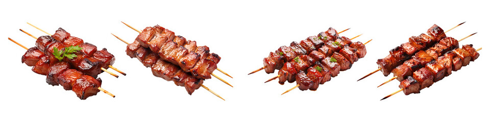Collection of grilled pork meat on sticks isolated on transparent background