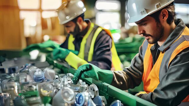  Workers in high-visibility vests and hard hats sorting plastic bottles in a recycling facility, highlighting teamwork, safety, and eco-friendly practices to manage waste efficiently.