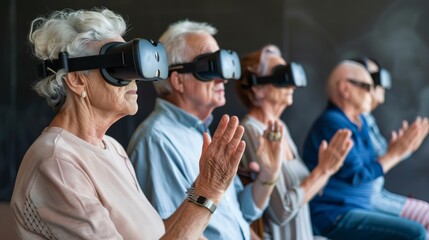 Group of retirees participating in a virtual reality exercise class at a community center