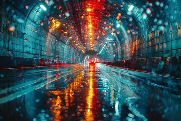Wet Roadway Through a Nighttime Tunnel With Raindrops Falling