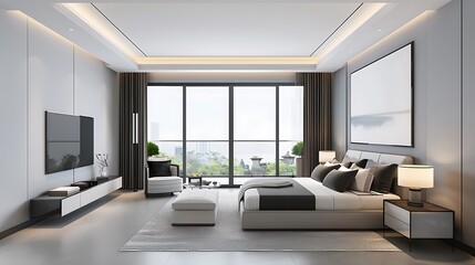 Fototapeta premium Modern luxury bedroom with a minimalist design, featuring sleek furniture, neutral colors, and large windows, creating a bright and airy space. Copy space for text, sharp focus and clear light, high