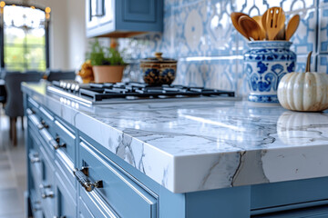 Modern Blue Cabinets and White Marble Countertop in Bright Kitchen with Blurred Background