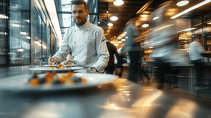 Modern Cafe with Chef in White Uniform at Busy Counter Natural Light Large Windows Blurred Background Cinematic Photography
