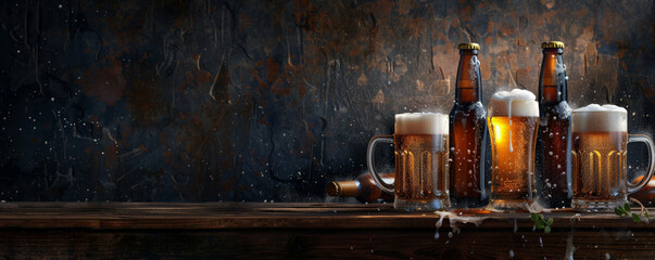 A rustic wooden table with frosty beer mugs and overflowing beer bottles, against a dark, textured background, perfect for a beer-themed banner.