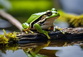 Obraz premium Frog perched gracefully on a weathered, dead branch emerging from the tranquil surface of a lake